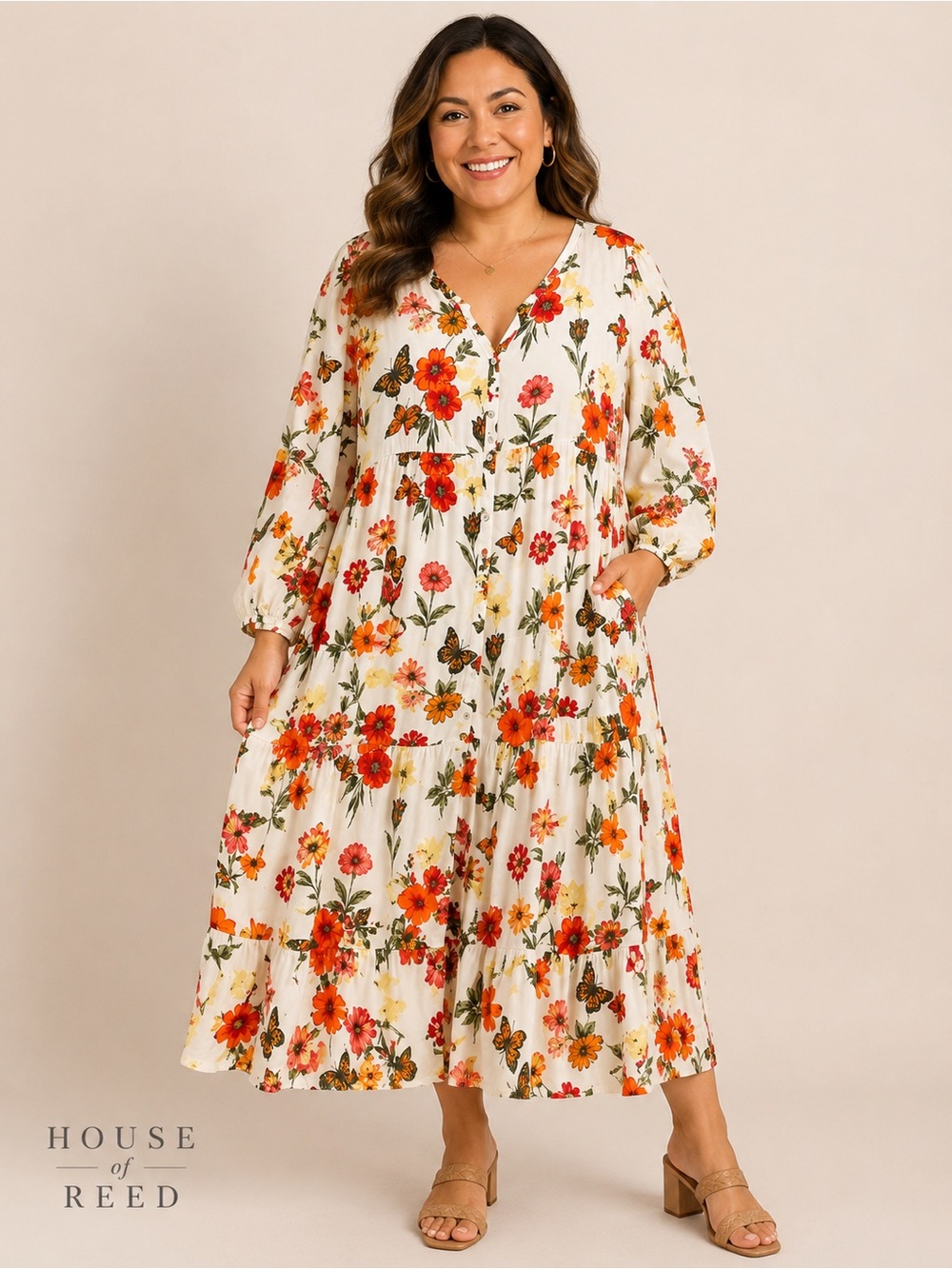 Rose & Evenly XXL Floral Butterfly Midi Dress Boho Cottagecore Flowy Plus Size